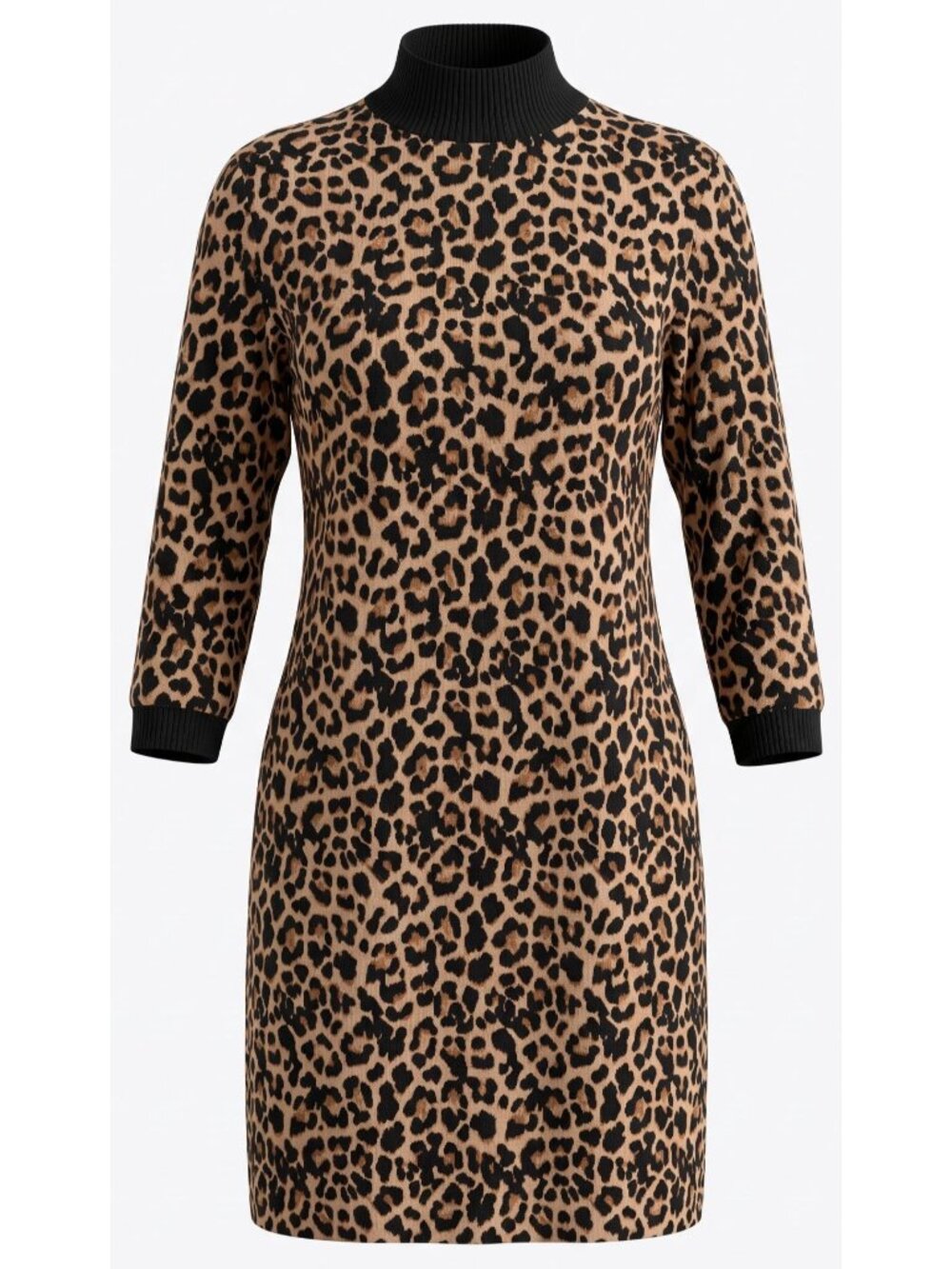 Zara Womens M Leopard Print Dress Mock Neck 3/4 Sleeve Stretch Brown Black